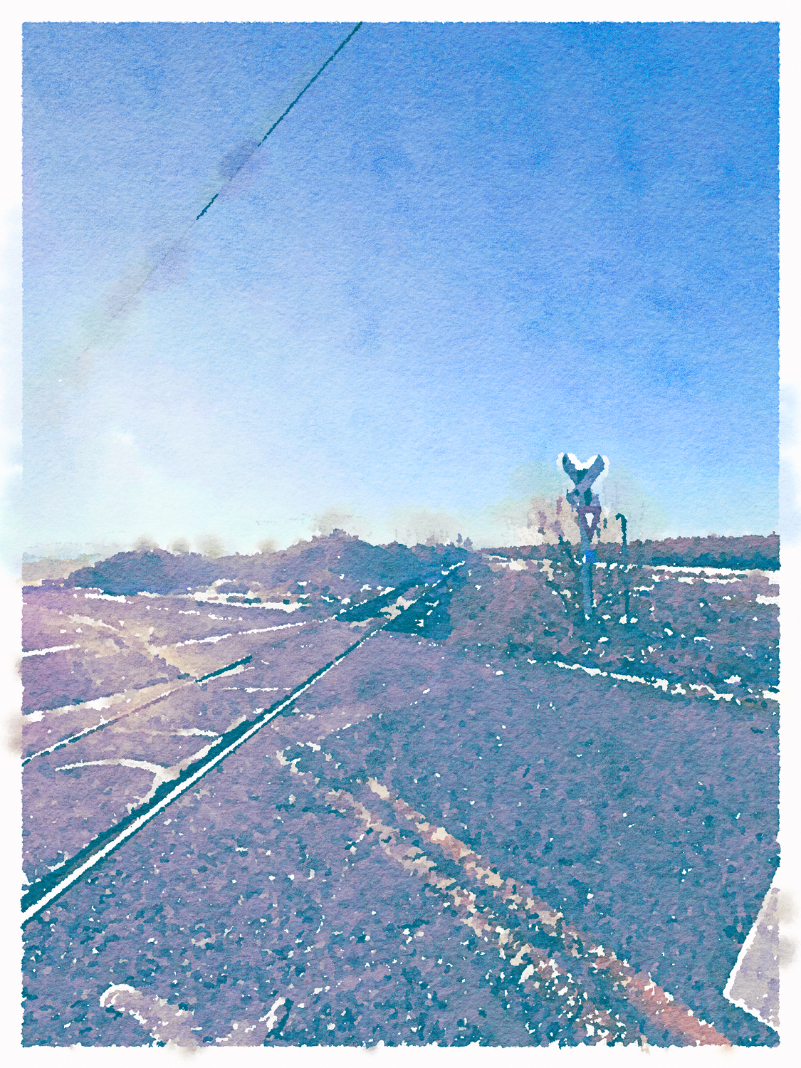 watercolor effect of a railroad crossing with no guards and a country road from an angle
